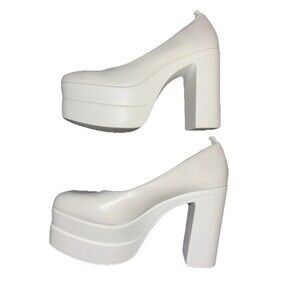 Women’s White Chunky Block High Heels Shoes Platform Shoes Pumps 8.5